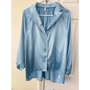 Glam Light Blue‎ Satin High Low Button Down Blouse Top Medium